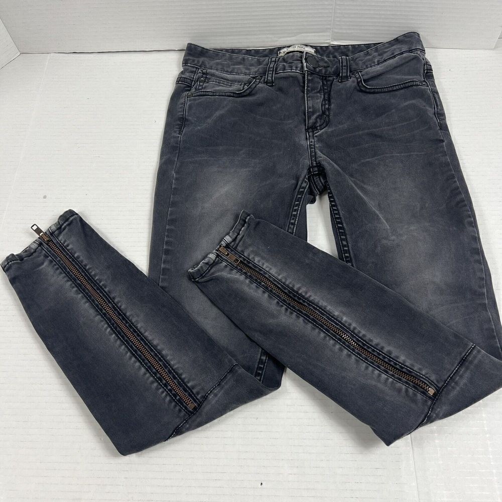 Free People Jeans Gray Black Stretch Button Long Ankle Zippers Skinny Size W 26